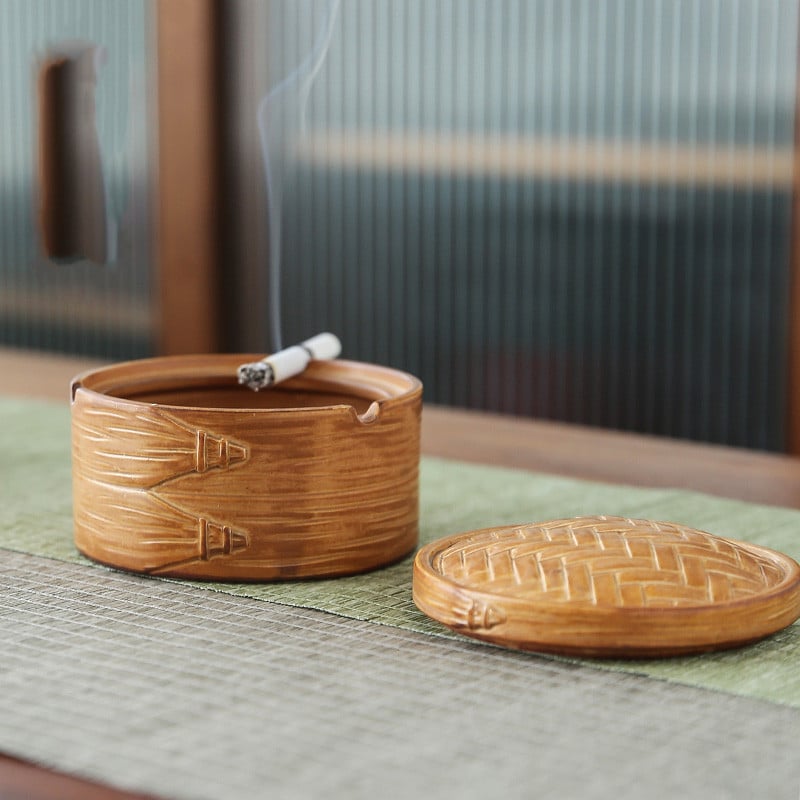 Bamboo Style Ceramic Outside Ashtray With Lid