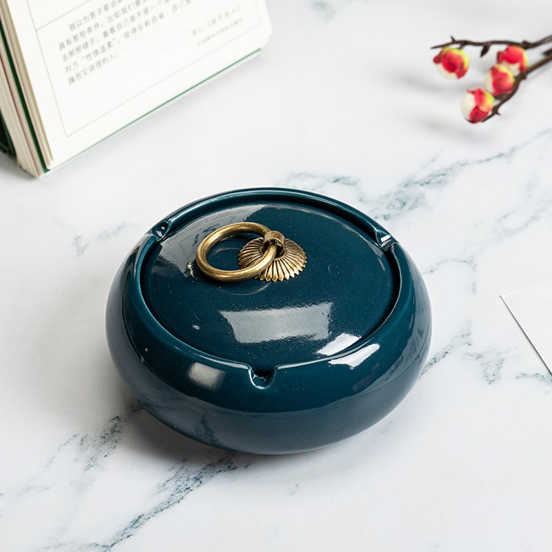 Blue Ceramic Ashtray With Lid