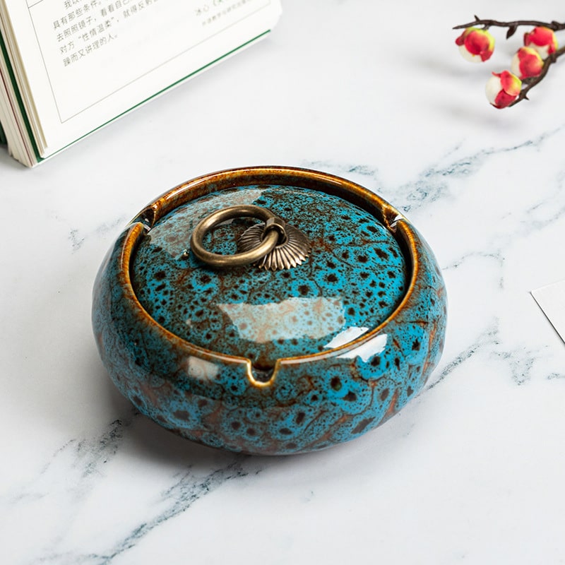 Blue Ceramic Outside Ashtray With Lid