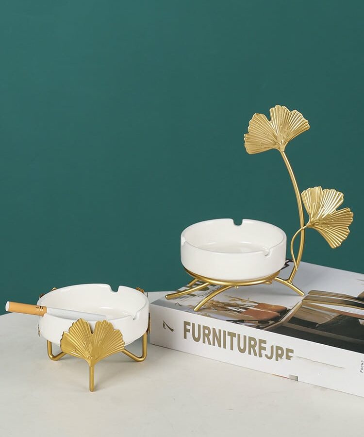 Elegant Ashtray With Golden Leaf Stand