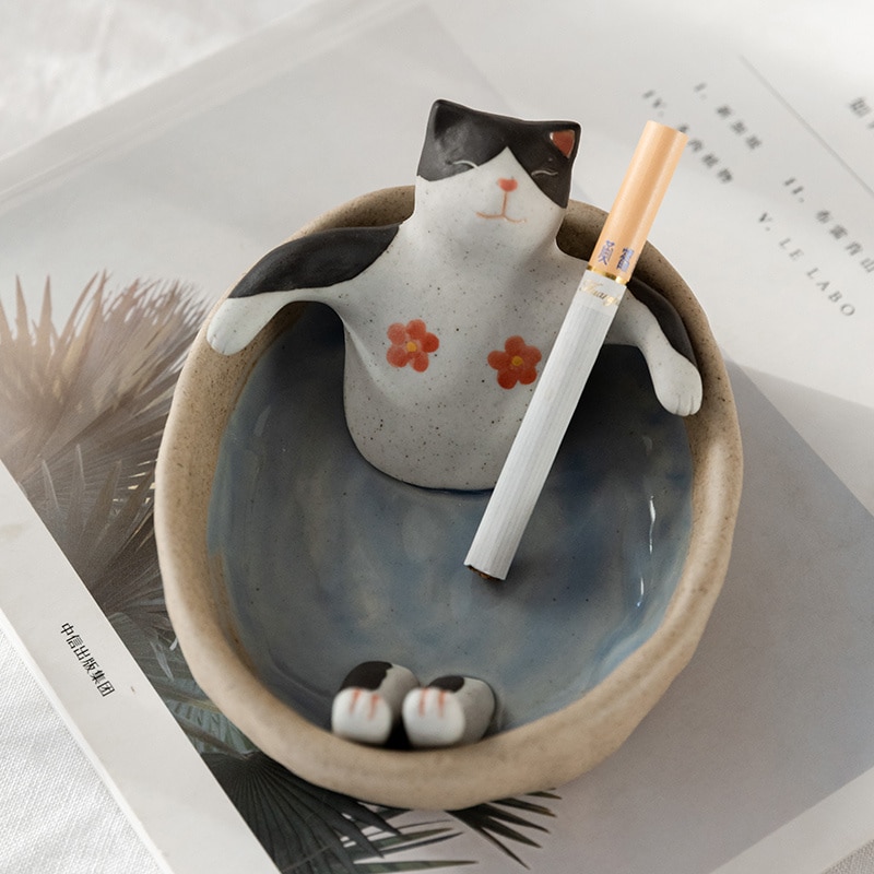 Funny Ashtray Ceramic Cat In Bathtub