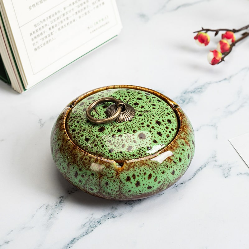 Green Ceramic Outdoor Ashtray With Lid