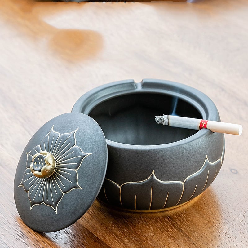 Smokeless Ashtray With Lid Ceramic With Lotus Painting